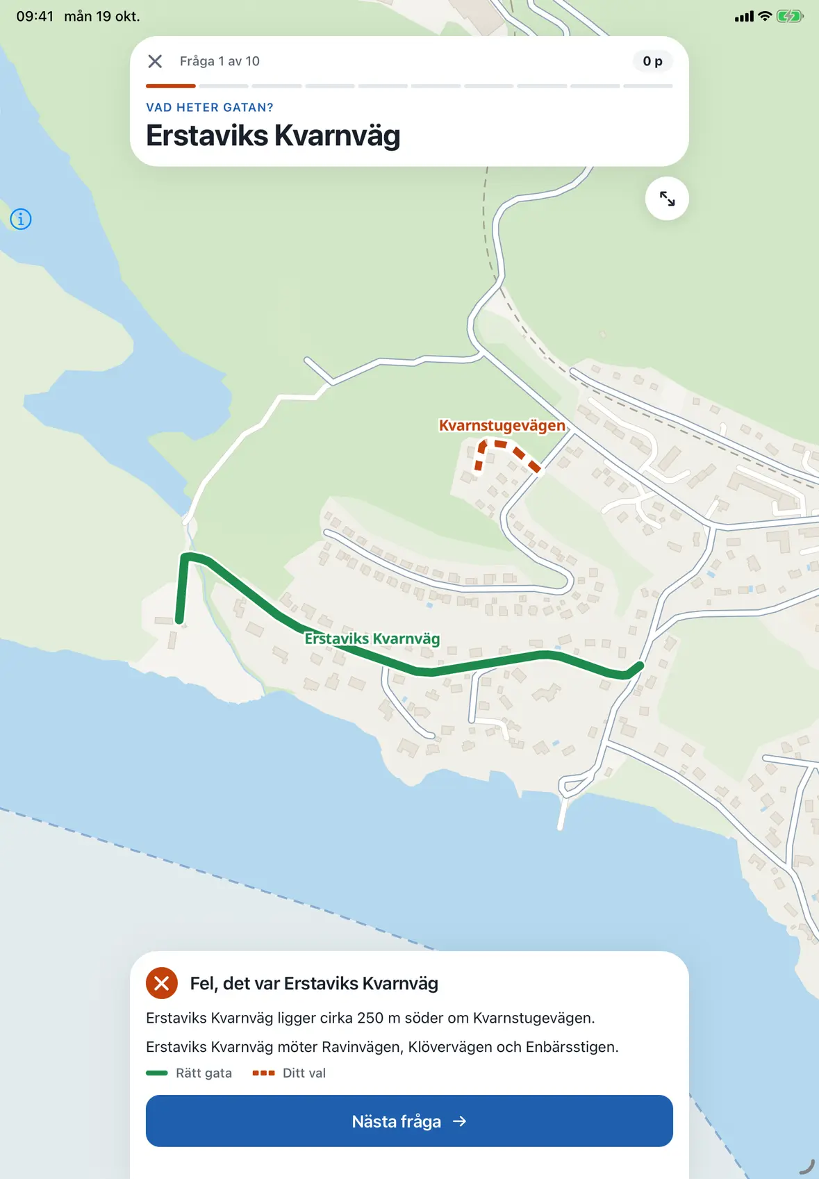 Ett fel svar på iPad: Erstaviks Kvarnväg i grönt längs vattnet och det valda Kvarnstugevägen i rött
