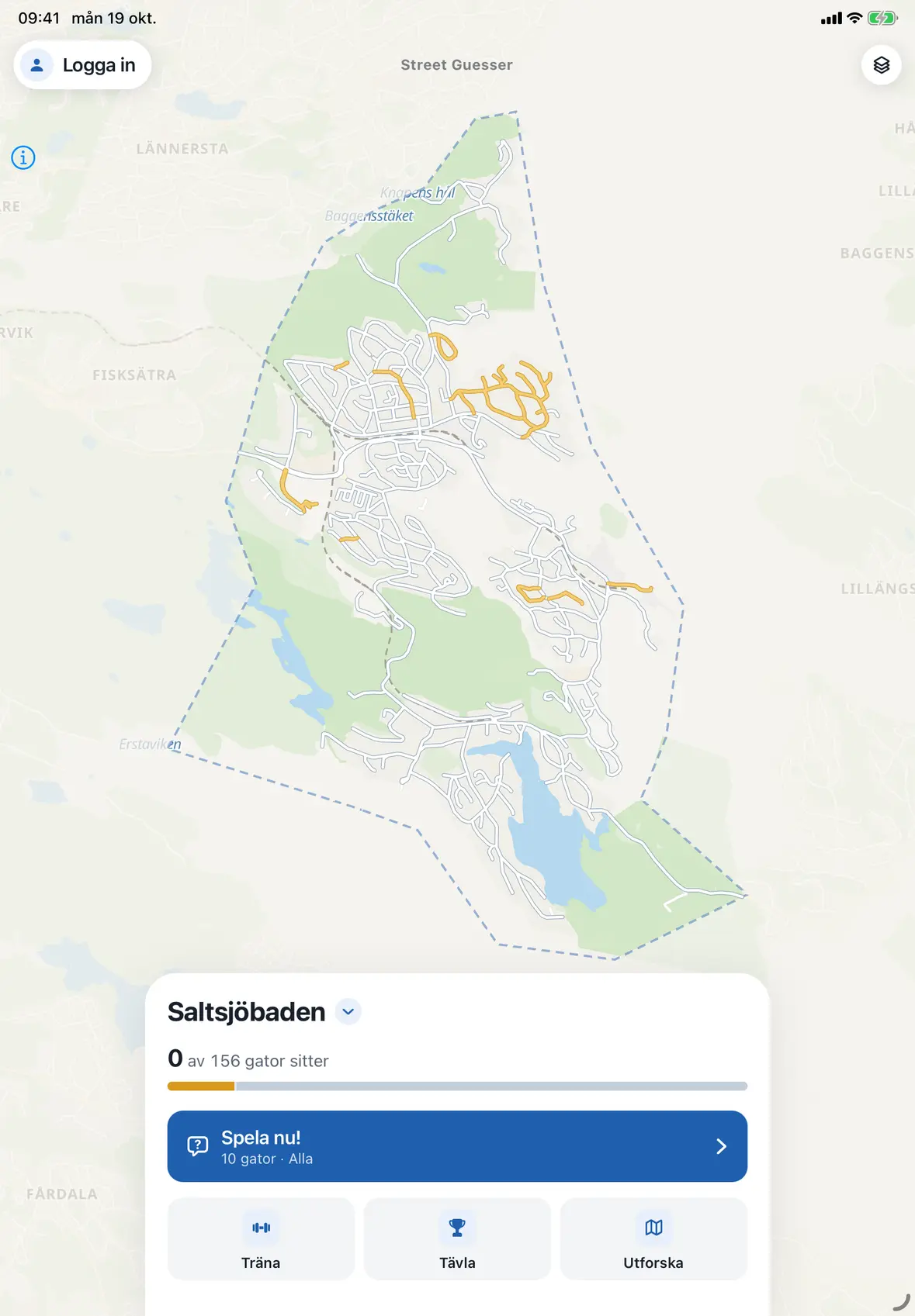 Startsidan på iPad: hela Saltsjöbaden på kartan, med Spela nu, Träna, Tävla och Utforska