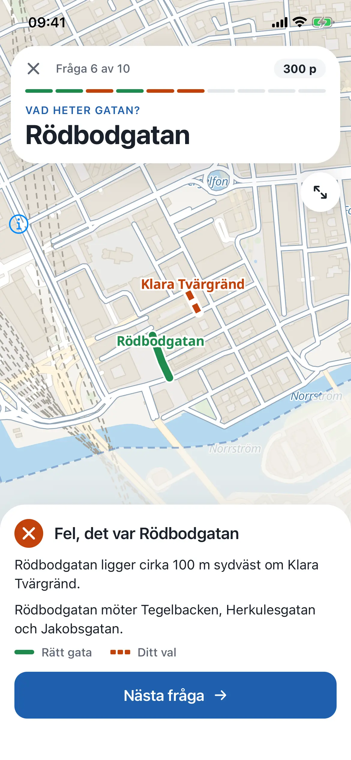 Ett fel svar: kartan visar Rödbodgatan i grönt och det valda Klara Tvärgränd i rött, med avståndet mellan dem