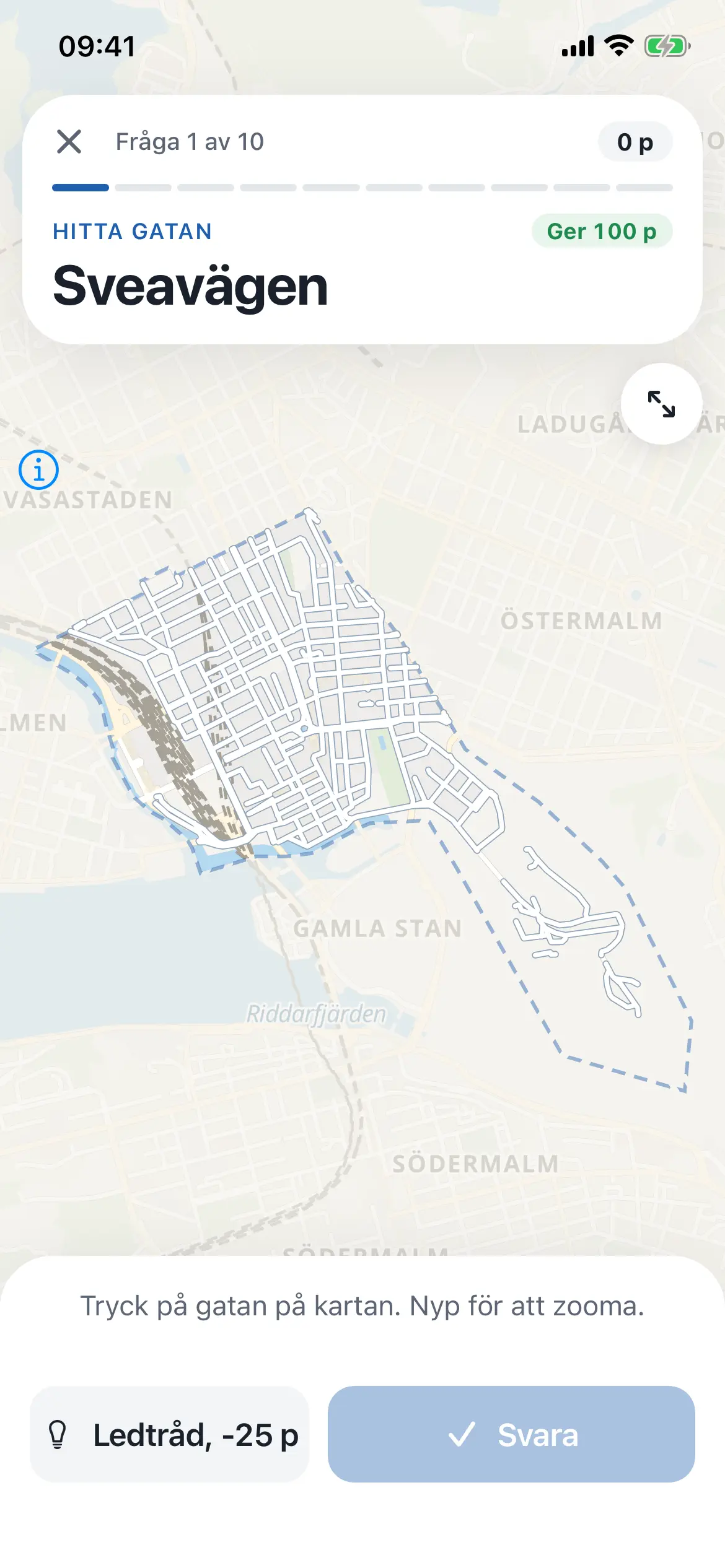 Hitta gatan: namnet Sveavägen står överst och kartan över Norrmalm väntar på ett tryck