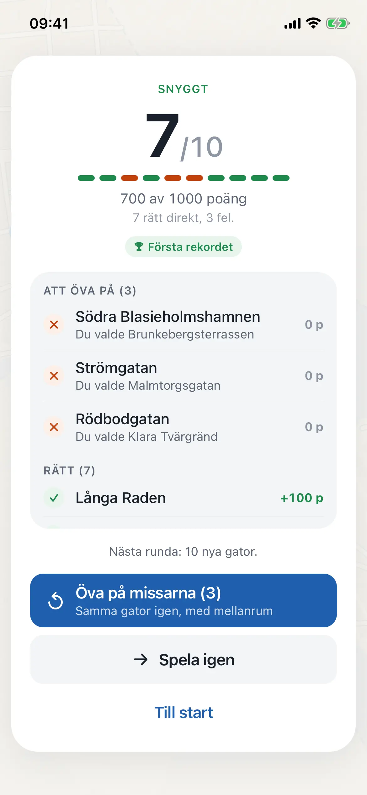 Resultatet efter en runda: 7 av 10 rätt, gatorna att öva på och knappen Öva på missarna