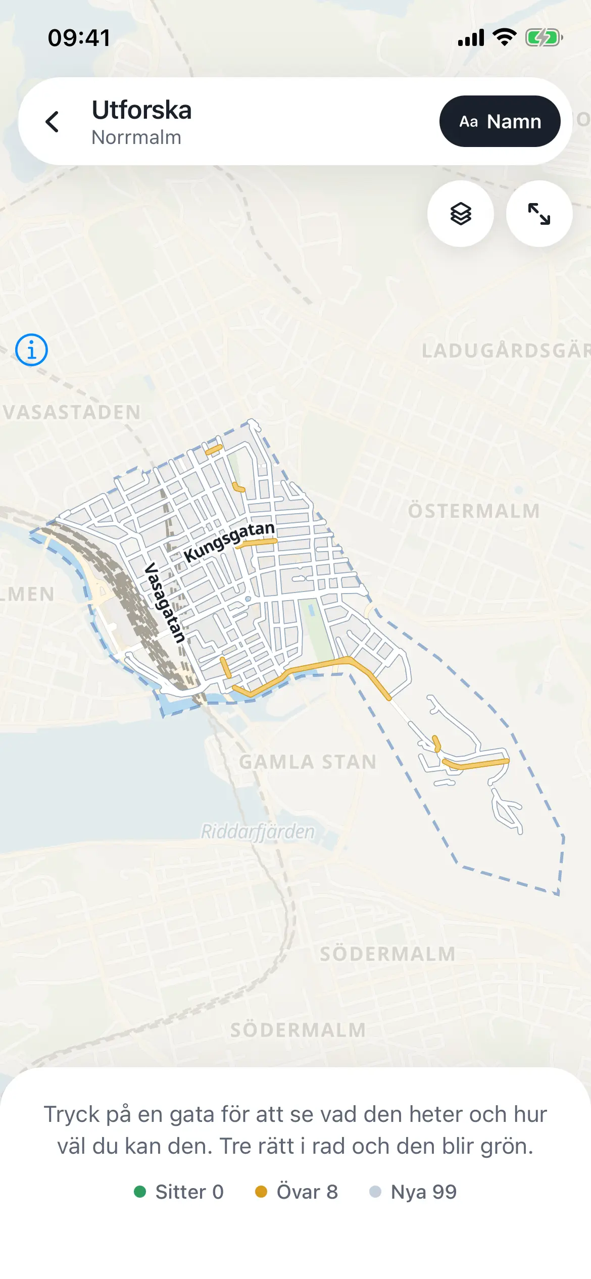 Utforska: kartan över Norrmalm med Kungsgatan och Vasagatan utskrivna